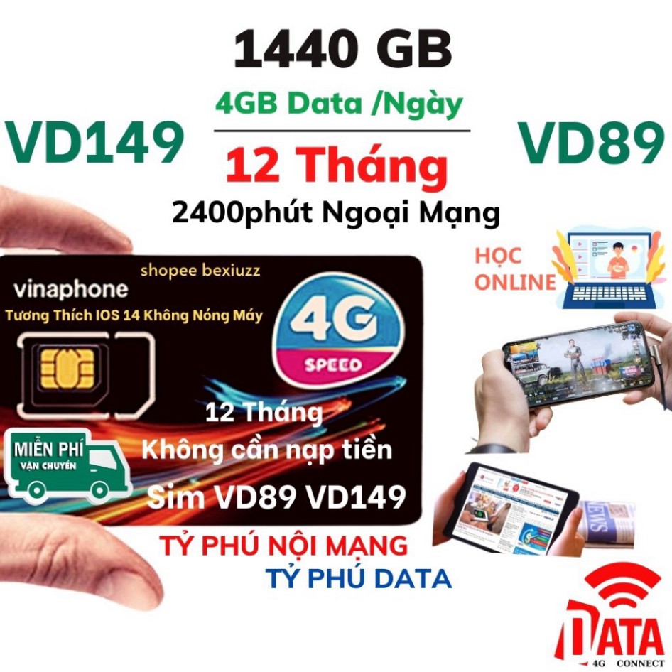 BIG SALE [FreeShip] Sim 4G Vina VD89 VD149 Miễn Phí Data 2GB - 4GB 1 Ngày Và Gọi 12 Tháng Không Cần Nạp Tiền BIG SALE