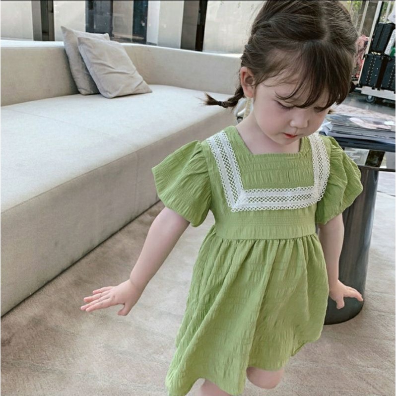 Đầm bé Gái Dáng Xòe , Tay Bồng , Phối Ren Trắng, Chất Xô Mềm Mát