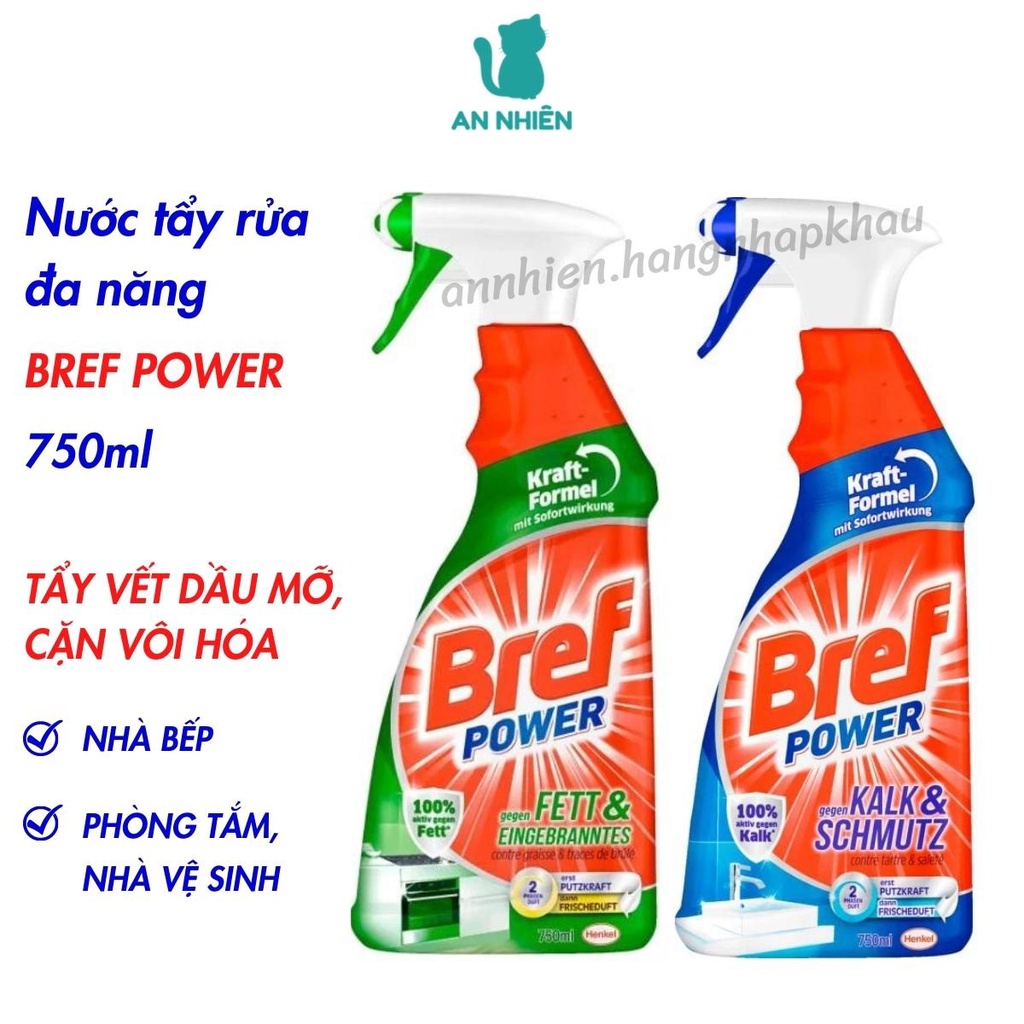 Xịt tẩy rửa đa năng Bref Power 750ml của Đức, tẩy cặn canxi trên inox, vách kính, vòi sen