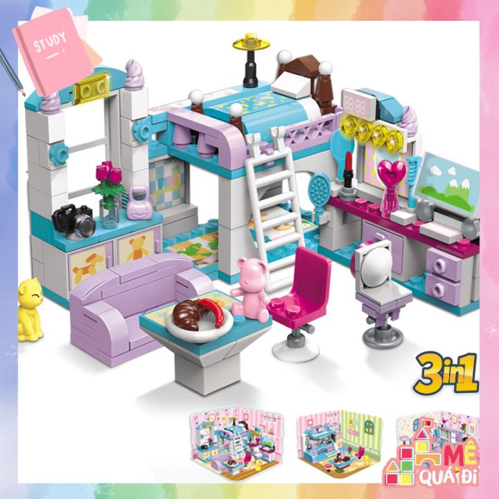 LEGO, BỘ ĐỒ CHƠI XẾP HÌNH LẮP RÁP PHÒNG NGỦ NHÀ BẾP PHÒNG KHÁCH DIY 3IN1 DÀNH CHO BÉ GÁI