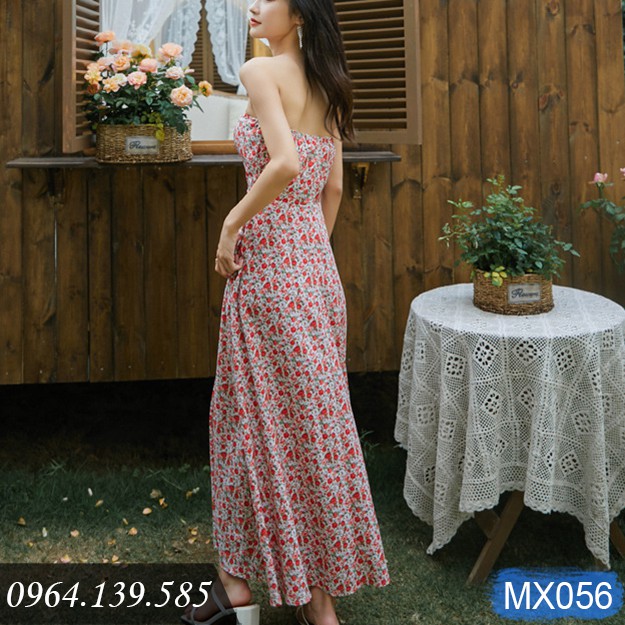 Đầm maxi xẻ tà dàng dài, họa tiết hoa nhí màu đẹp, chất voan tơ cao cấp, váy 2 kiểu mặc: 2 dây và vai trần | MX056
