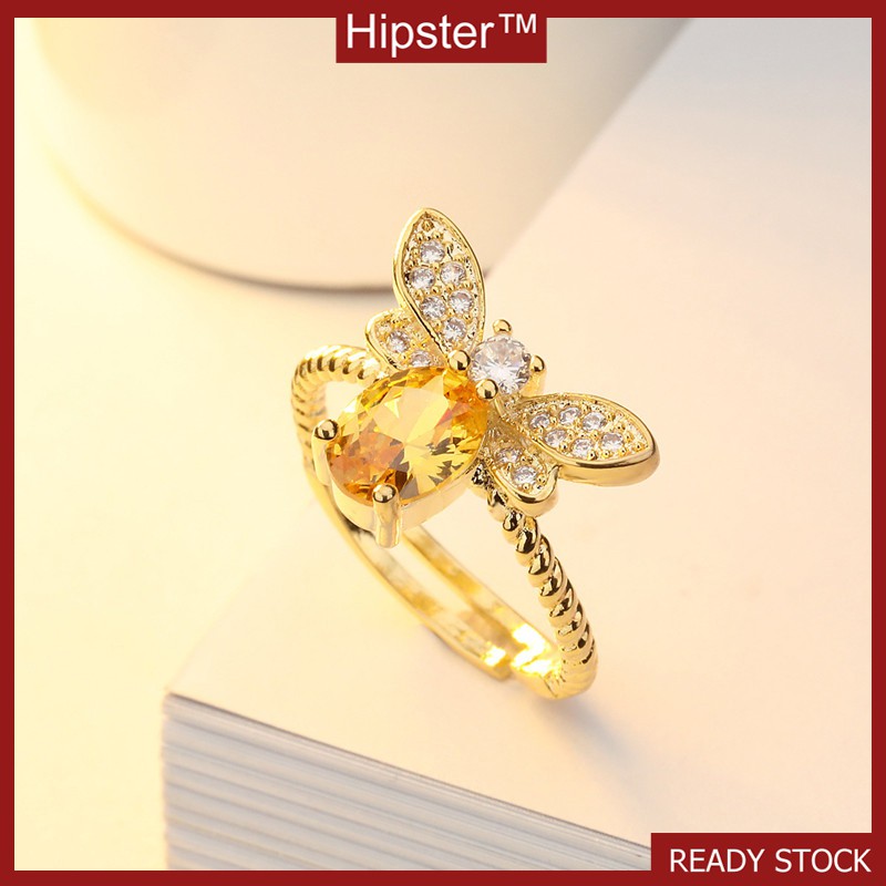 Nhẫn đeo ngón tay mạ vàng 18K bạc 925 dạng hở điều chỉnh được đính đá citrine phong cách mới thời trang