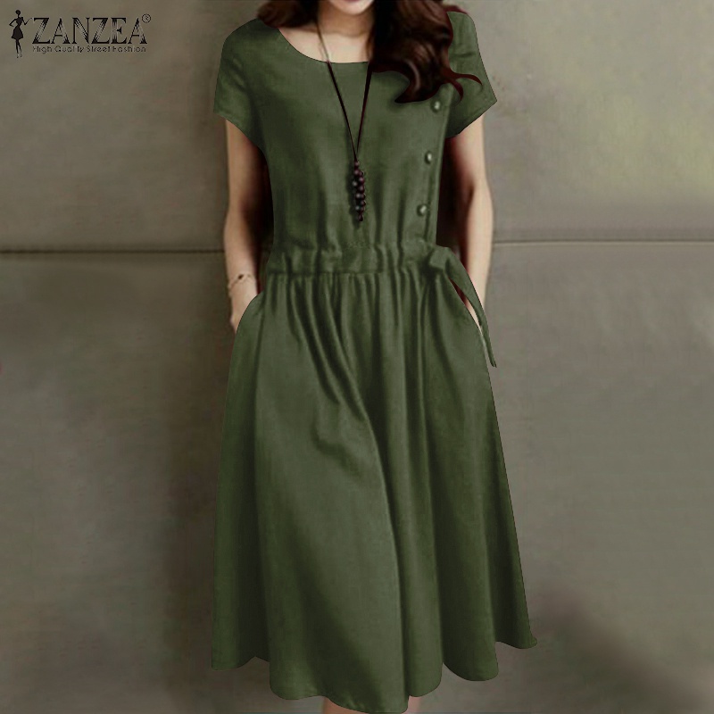 Đầm midi ZANZEA cổ tròn màu trơn phối nút dây rút thời trang cho nữ