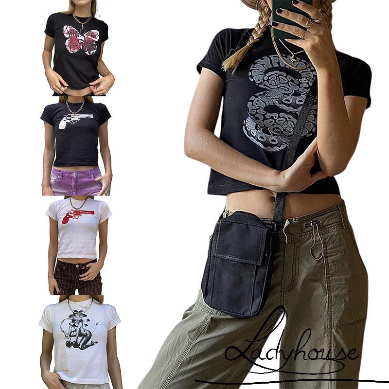 Áo Thun Crop Top Tay Ngắn Cổ Tròn In Họa Tiết Thời Trang Mùa Hè Dành Cho Nữ