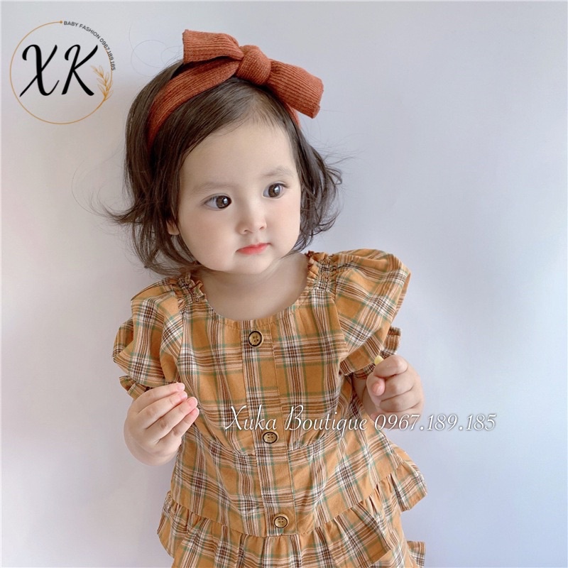 Bộ Quần Áo Cộc Tay Bé Gái Kẻ Nâu Vàng Cực Tây 0-2 Tuổi Xuka Boutique Set Quần Áo Trẻ Em 2022