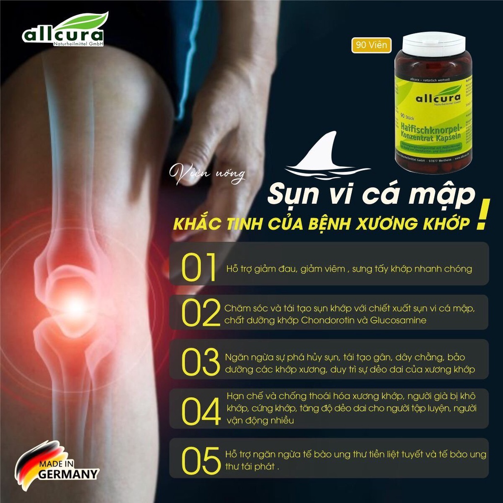 [Hỏa Tốc HCM] 12/2023 Viên uống Sụn cá mập, Giảm đau &amp; Tái tạo xương, sụn, khớp hiệu quả - ALLCURA (Hộp 90 viên)