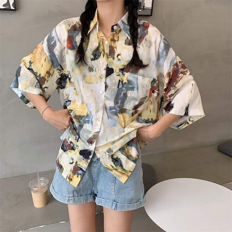 SUXI Áo Sơ Mi Tay Ngắn In Họa Tiết Phong Cách Retro Hàn Quốc