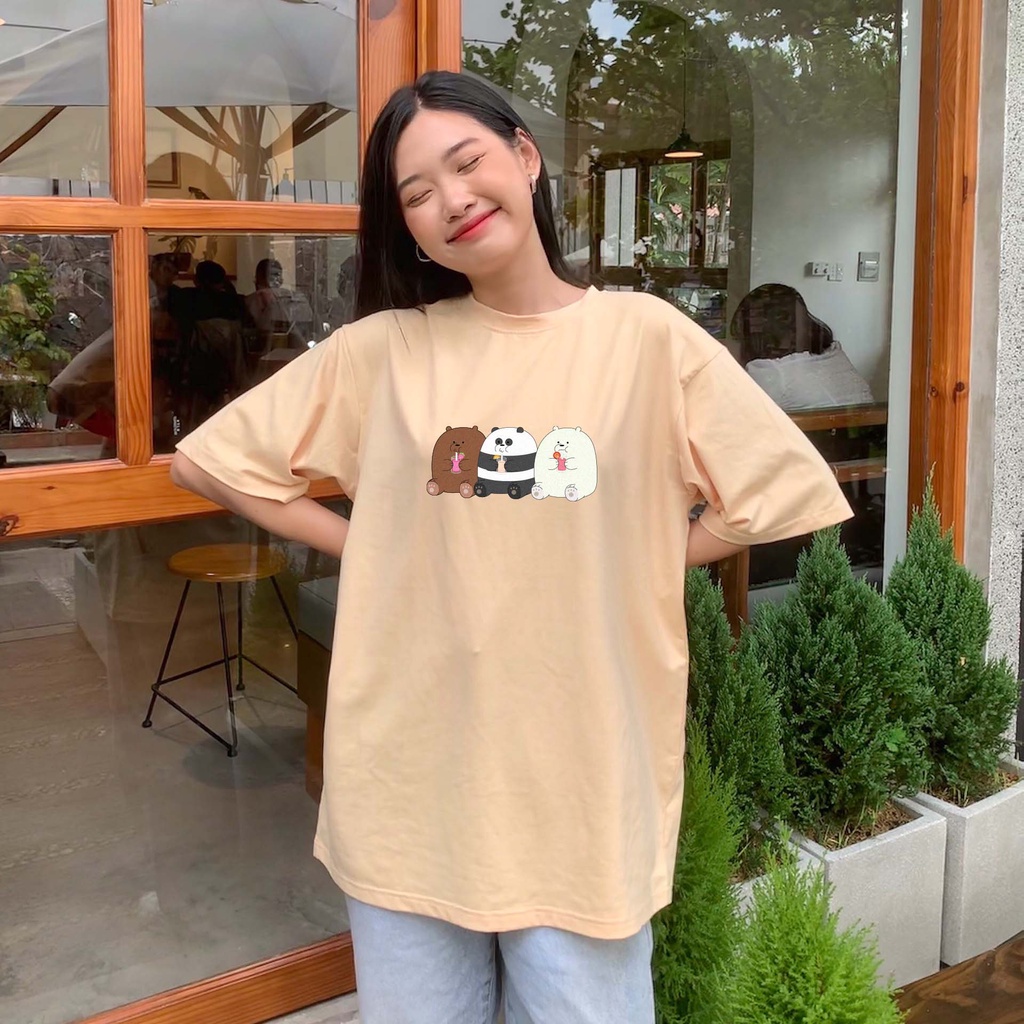 Áo thun unisex hoạt hình WE BARE BEARS vải cotton oversize tay lỡ form rộng