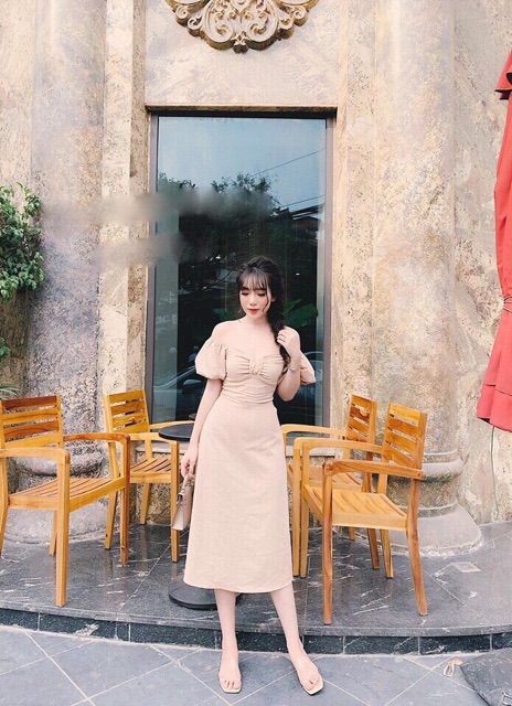 Đầm Midi Bo Ngực Tay Búp Dáng Xòe Xt