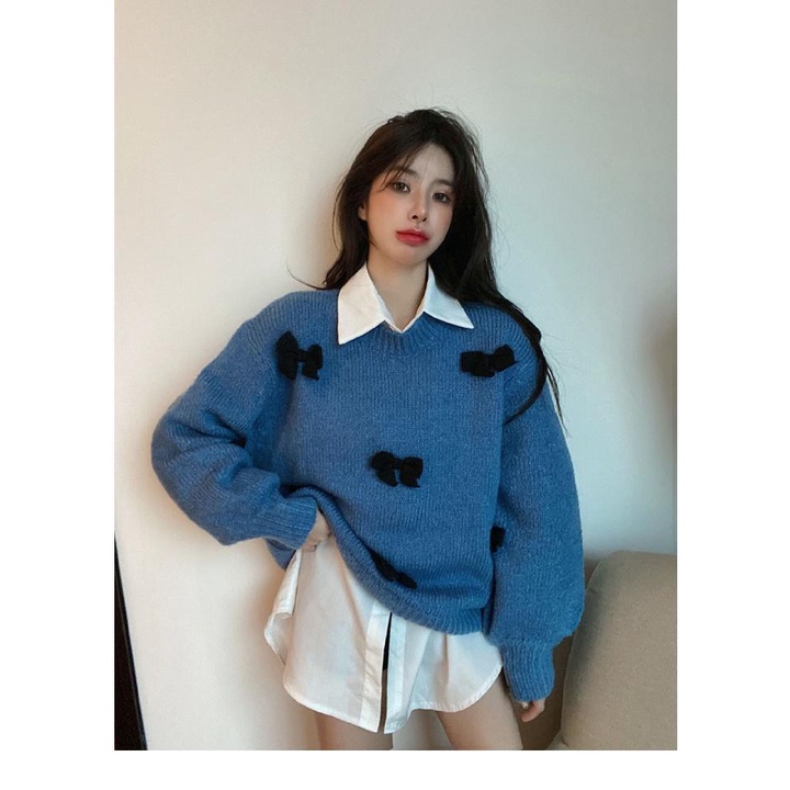 COZOK Áo sweater tay dài dáng rộng phối nơ xinh xắn thời trang