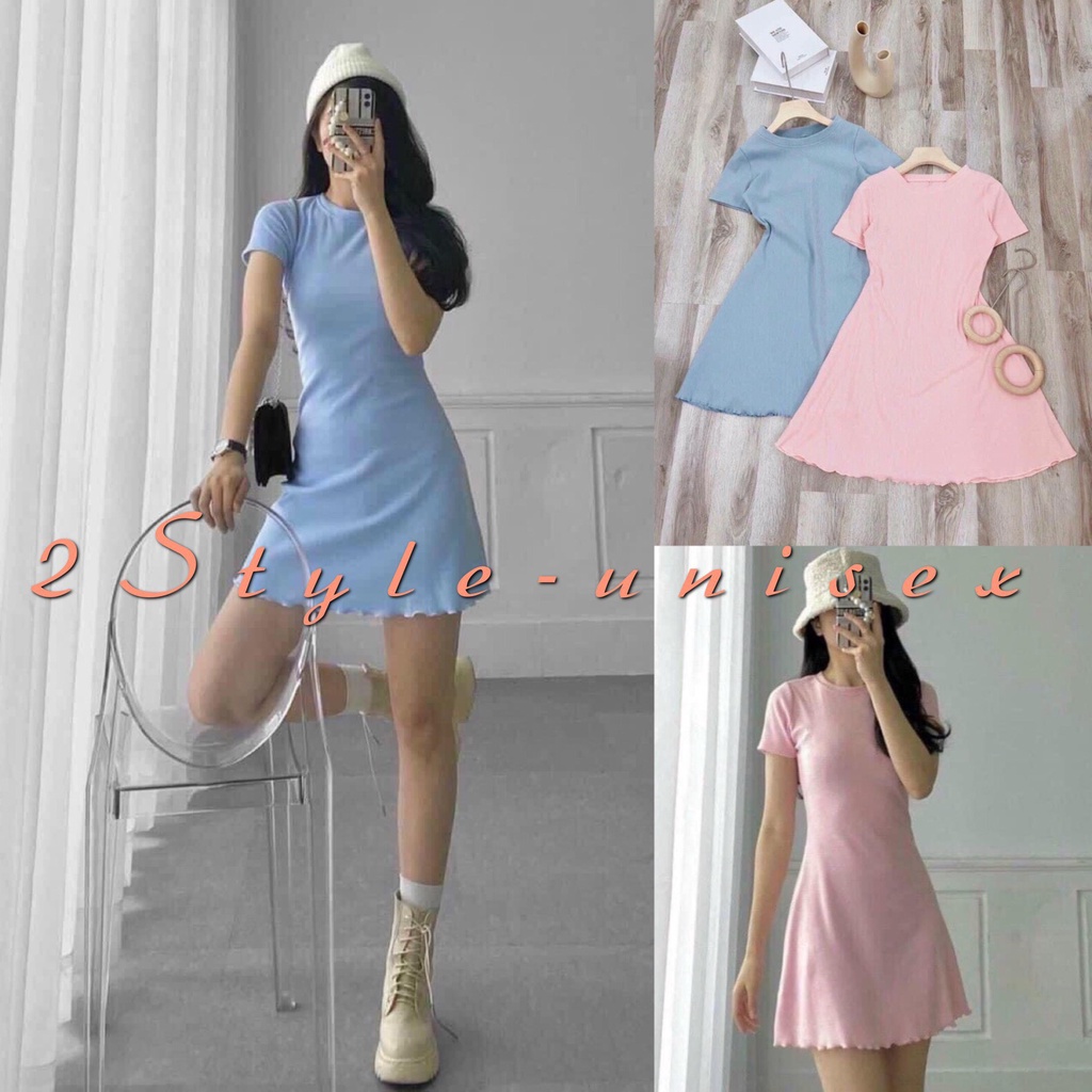 Váy Body thun gân tay ngắn/ Đầm body nữ chất bo tăm co dãn phong cách Hàn quốc 2style-unisex