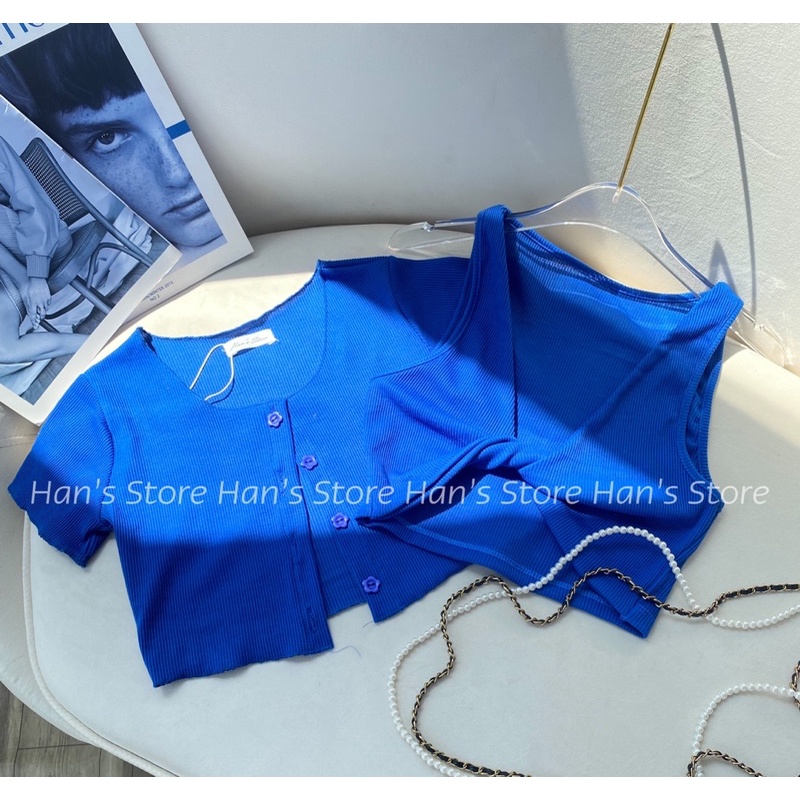SET ÁO GÂN LEN XOẮN NGỰC KÈM KHOÁC NÚT HOA