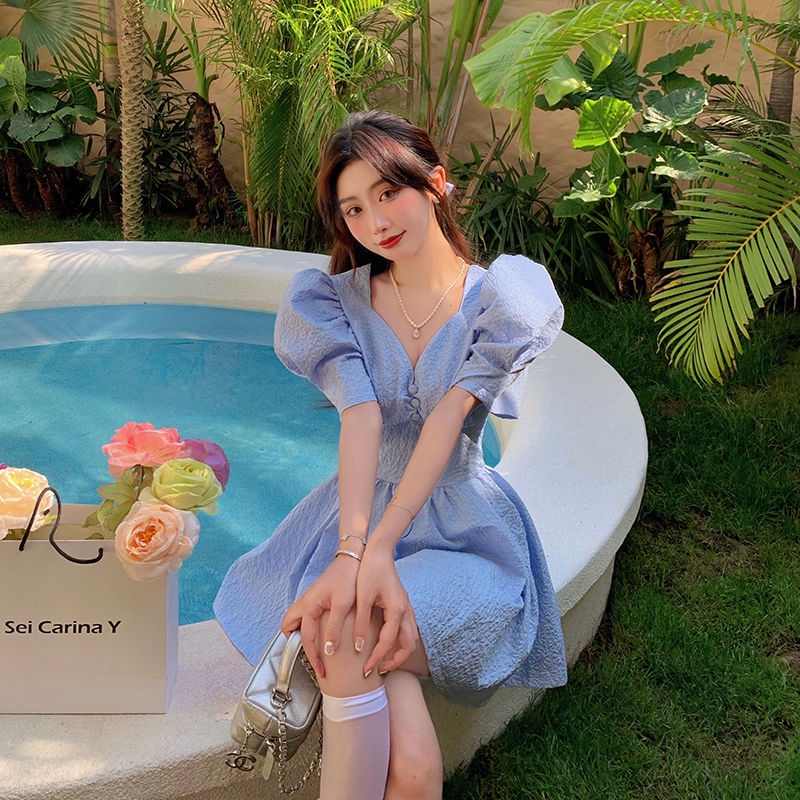 Đầm Tay Phồng Cổ Chữ V Chất Liệu Cotton Màu Trắng Thời Trang Mùa Hè Phong Cách Retro Kiểu Pháp Mới Cho Nữ