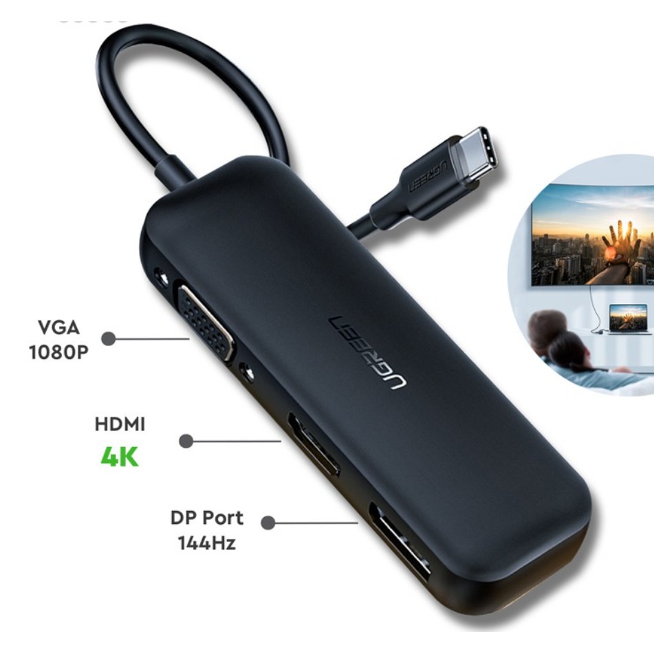 HUB USB Type C 3 in 1 Ugreen 60568 DisplayPort 2K@144Hz,HDMI 4K@60Hz+(VGA Dual) Chính Hãng