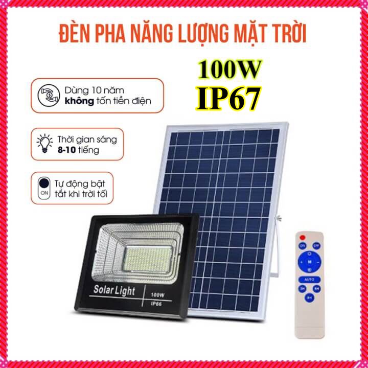Đèn đường năng lượng mặt trời 100w cảm biến tự động sáng 245 Led, đèn pha năng lượng mặt trời có điều khiển IP67