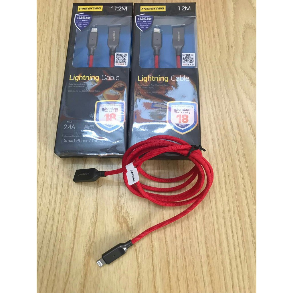 Cáp Tự Ngắt Pisen Lightning intelligent Power-Off (2,4A, thông minh, thời trang ) 1,2m - Hàng Chính Hãng