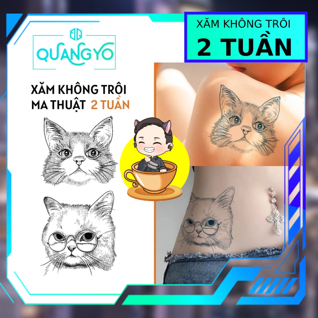 Hình xăm không trôi không trôi chủ đề con mèo tả thực, mèo đeo kính khổ lớn, Xăm giống Inkaholic