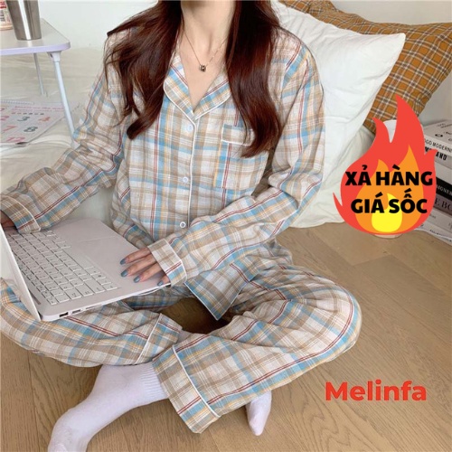 Bộ đồ ngủ Pijamas nữ dài tay, Bộ đồ mặc nhà nữ kẻ sọc nhiều màu phong cách Hàn Quốc mã VABD0122