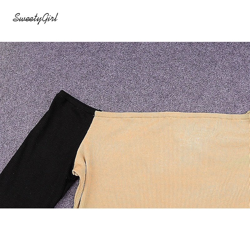 Áo croptop tay dài trễ vai màu sắc tương phản quyến rũ cho nữ