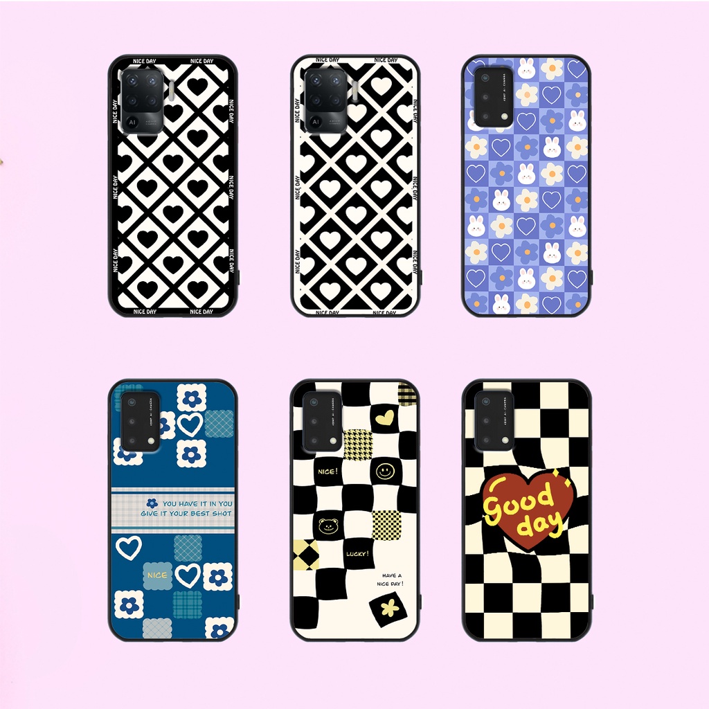 Ốp lưng Oppo A74 - Oppo A94 - Oppo A95 in hoạ tiết caro trái tim đen trắng, gấu bear cute đáng yêu