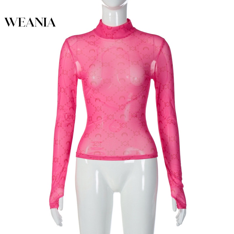 Áo Thun Lưới Tay Dài Xuyên Thấu In Họa Tiết Thời Trang Mùa Thu Mới Cho Nữ