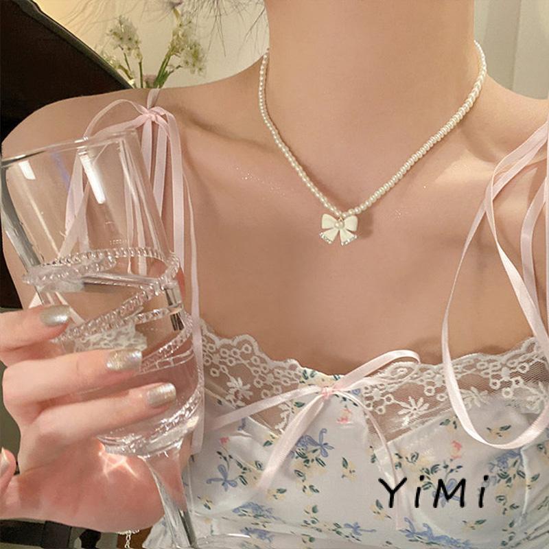 Vòng cổ Mặt Hình Nơ Đính Ngọc Trai Phong Cách Thời Trang 2022