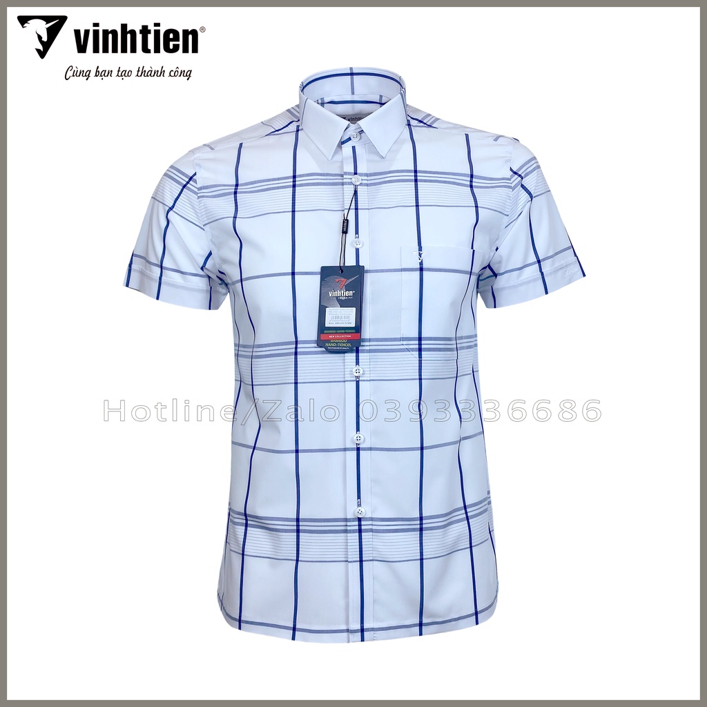 Áo Sơ Mi Nam Tay Ngắn Sọc Caro Bamboo Vĩnh Tiến Form Tailor Fit Vạt Ngang 430 - G390