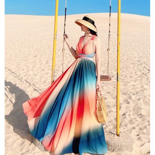 HOANGYEN Đầm maxi loang màu xanh cam chất voan lụa in nhiệt