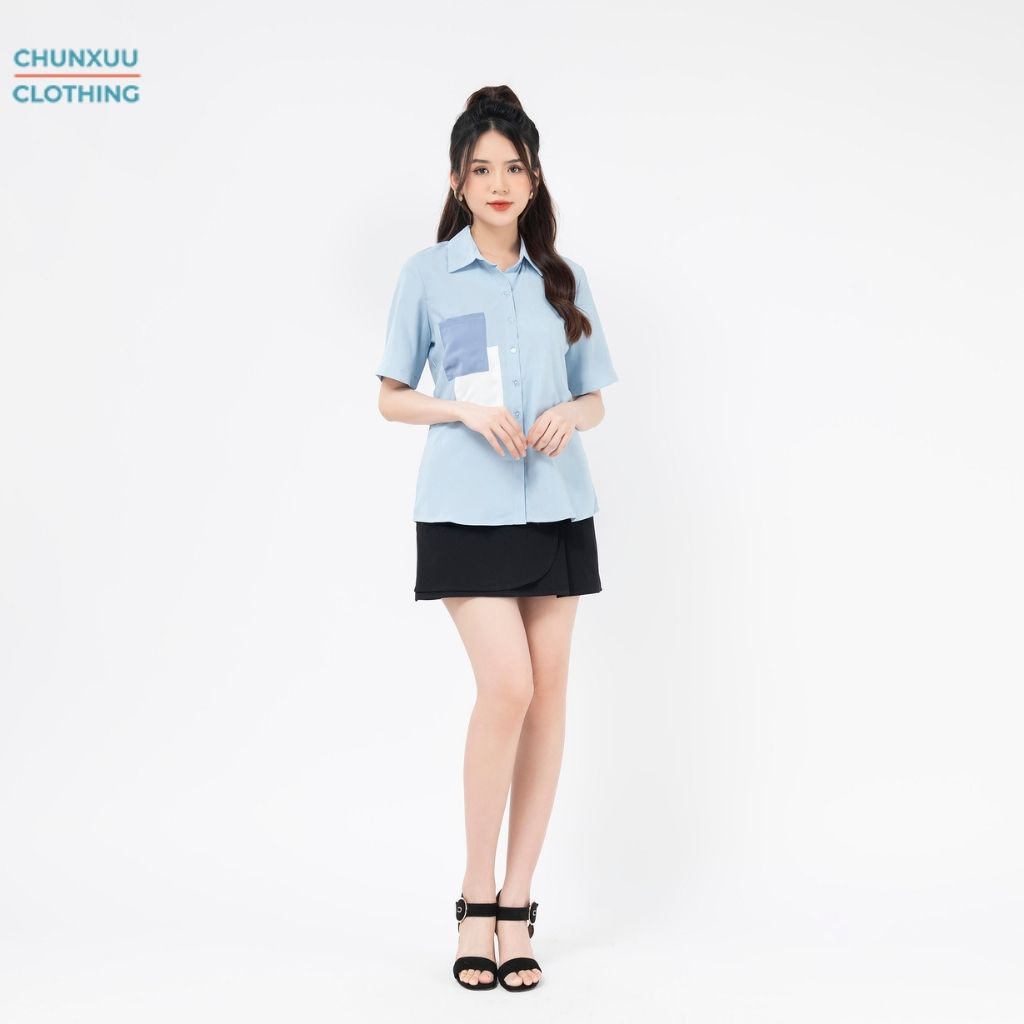 Áo sơ mi nữ trắng cộc tay Chunxuu thiết kế túi áo cách điệu thời trang - SK05