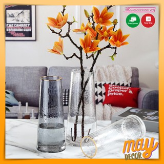 Bình Hoa Cao Cấp Lọ Hoa Thủy Tinh Trụ Vân Sần Viền Vàng Sang Trọng Phong Cách Bắc Âu | MAY Decor
