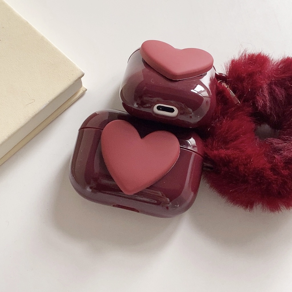 Plush Wine Red Love Heart compatible for Apple Airpods 1/2/3 Pro Case wireless bluetooth earphone Charging Cover