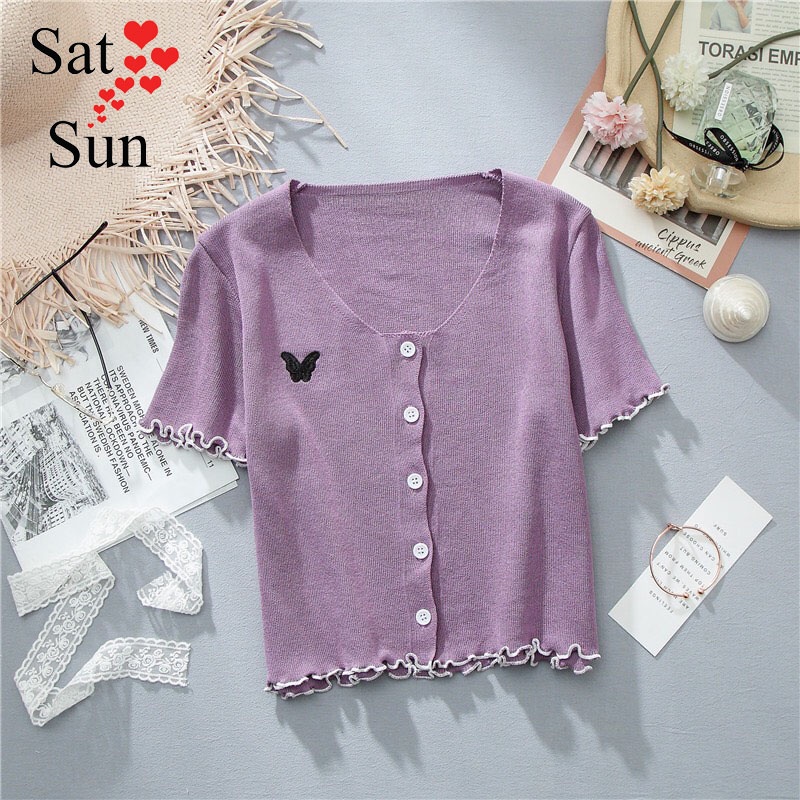 Áo len croptop nữ chất mongtoghi mỏng thoáng mát thêu hoạ tiết satsun | BigBuy360 - bigbuy360.vn