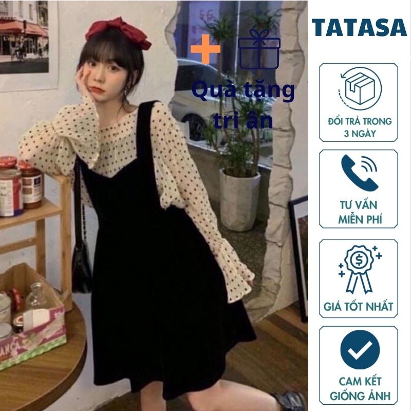 Set đồ 🌸FREESHIP🌸 Set yếm nhung cổ điển phối áo tơ chấm bi dành cho các nàng bánh bèo ulzzang siêu hot LOU.STORE