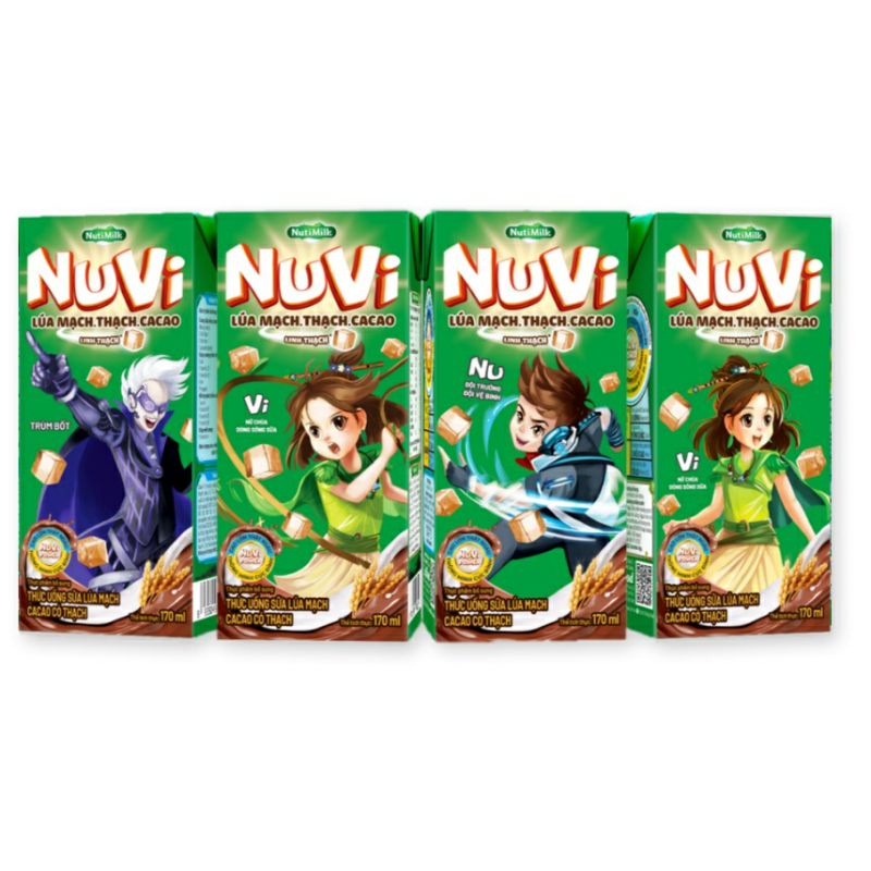 vỉ 4 hộp sữa lúa mạch.thạch cacao nuvi 170ml