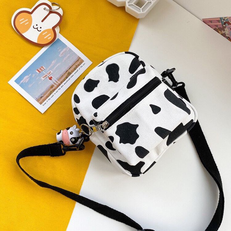 Túi tote vải canvas đeo chéo in hình bò sữa size bé siêu dễ thương phong cách thời trang Hàn Quốc