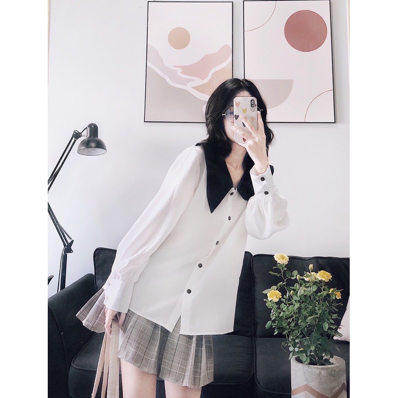 [Mã SKAMLTSM9 giảm 10% đơn 99K] áo trắng tay bồng cổ V phối đen(Có 2 màu trăng và đen | BigBuy360 - bigbuy360.vn