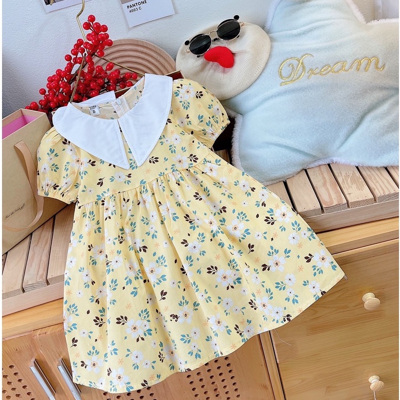 Váy Cổ Tim Thô Mềm Họa Tiết Hoa Nhí Phối Tay Nhún Cho Bé Gái MINTSCLOSET Size Từ 2 -4 Tuổi - GV0038