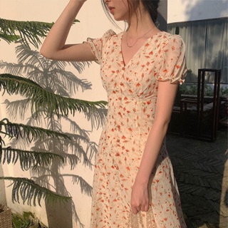 Váy hoa cam phấn xinh - Đầm maxi voan dài cao cấp