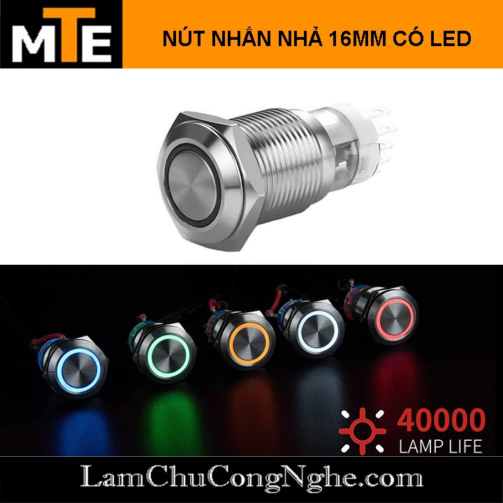 Nút nhấn nhả chống nước có led 16mm 3-6V