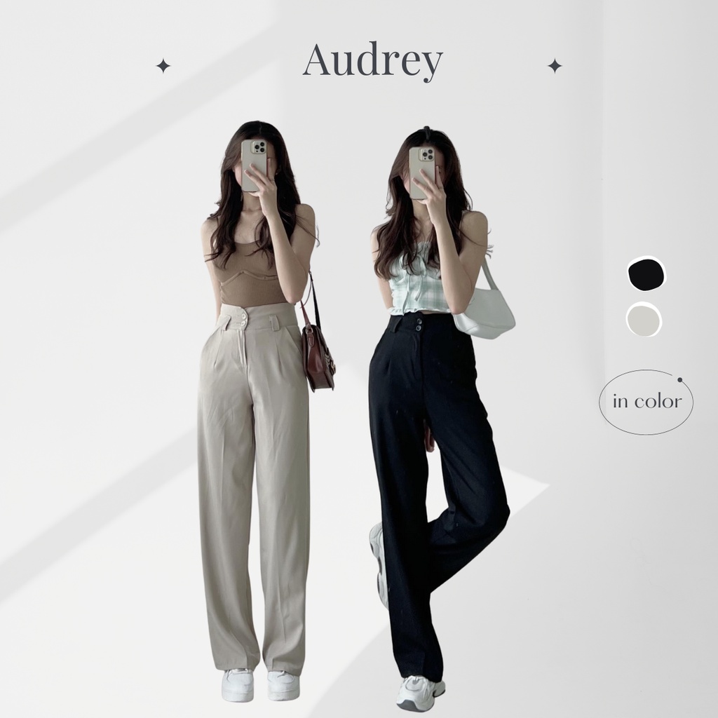 Q6900 quần suông ống rộng AUDREY lưng cạp cao dáng dài vải cao cấp form basic (mẫu dài 104cm/mẫu dài 106cm)