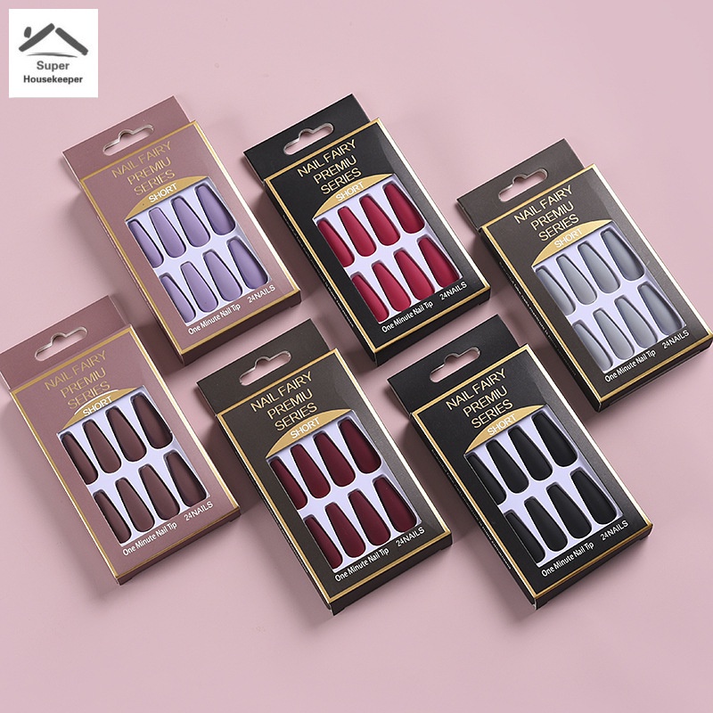 Set 24 móng tay giả màu trơn bằng nhựa resin siêu dài kèm gel phủ cho nữ