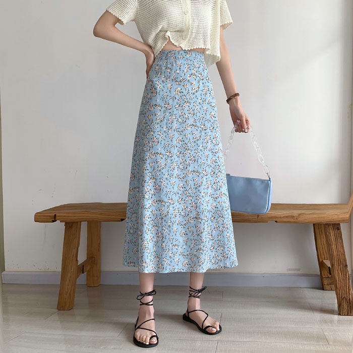 SUXI Chân Váy Midi Lưng Cao Dáng Chữ A Hoạ Tiết Hoa Thiết Kế Đơn Giản Thanh Lịch