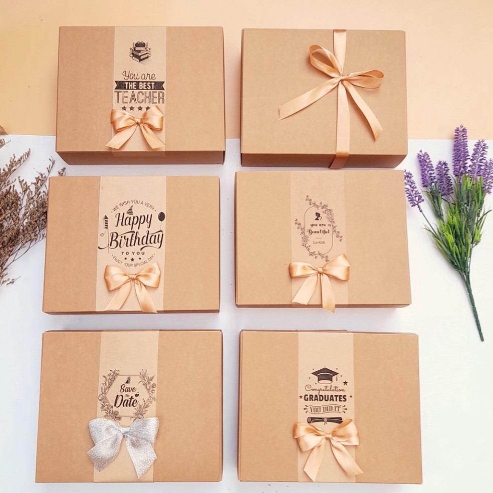 Hộp đựng quà giấy Kraft kèm rơm lót, hộp quà sinh nhật, tặng thầy cô, bạn gái, quà tặng em bé