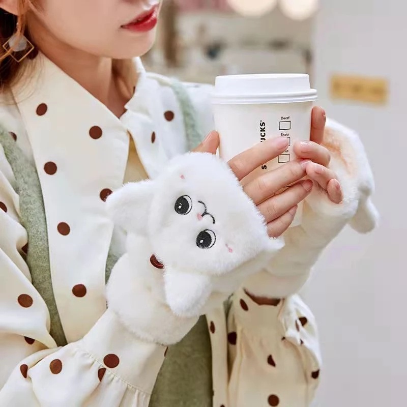 Găng tay hở ngón giữ ấm thiết kế hình mèo dễ thương cho nữ