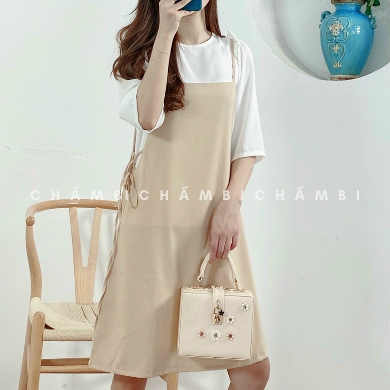 Set váy 2 dây yếm mix áo sơ mi dễ thương