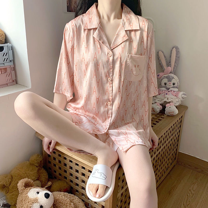 New style ice silk pajamas women's suit sweet girl style home clothes net red lovely Korean imitation silk short sleeved shorts