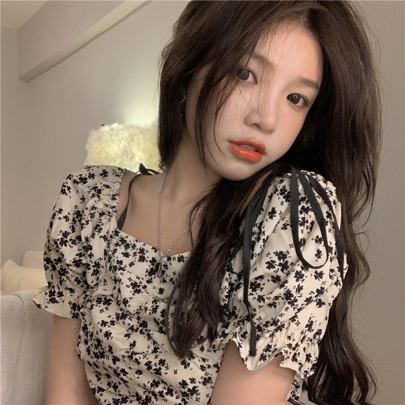 Áo chiffon in hoa tay ngắn trễ vai cho nữ