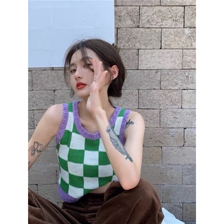 Áo gile kẻ caro croptop chất len phối viền sành điệu, áo ba lỗ nữ cá tính