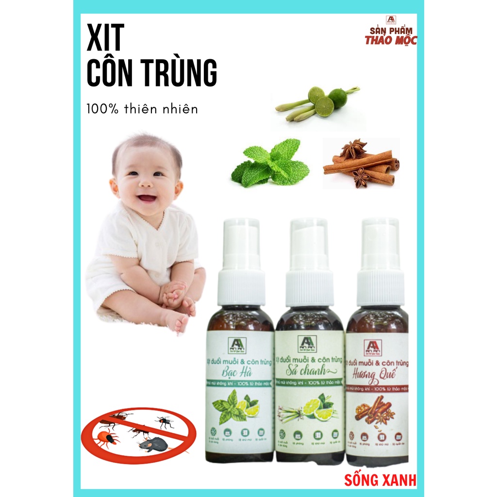 Xịt Côn Trùng Cho Bé KHÔNG Mùi HÓA CHẤT, 100% Thảo Mộc Combo tinh chất Sả Chanh, Bạc Hà đuổi muỗi côn trùng an toàn