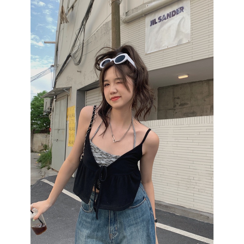 HUANG YOYO  Set Áo Hai Dây Và Áo Khoác cardigan Thời Trang Hàn Quốc Cho Nữ